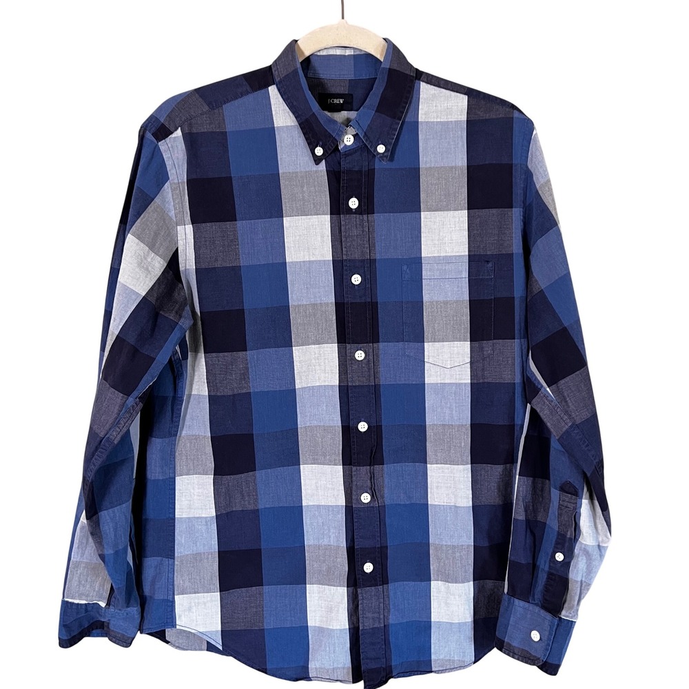 J.Crew Mens Medium Blue Grey Buffalo Check Plaid Button Down Shirt